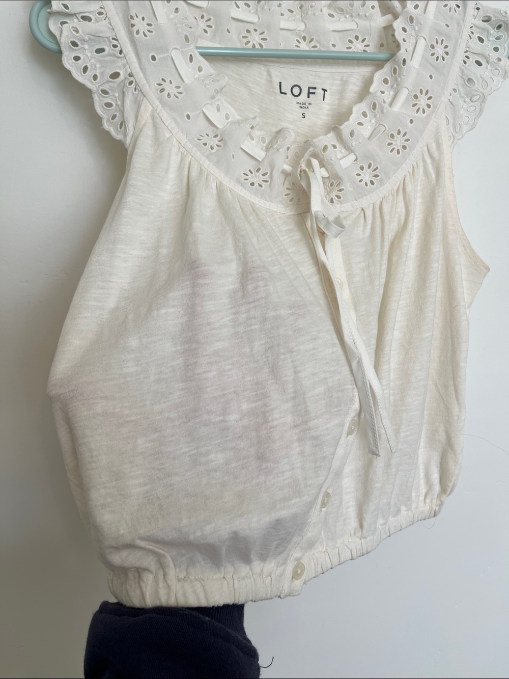 Loft Eyelet Ruffle Tie Neck Button Top - Picture 6 of 11